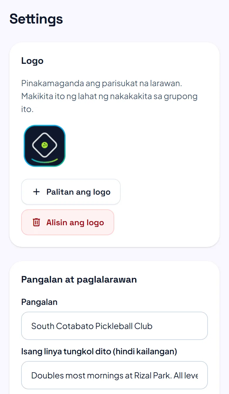 Ang itaas ng settings ng club: ang logo, ang pangalan at paglalarawan, kung sino ang puwedeng magdagdag ng session at ang button para ilista ang club.