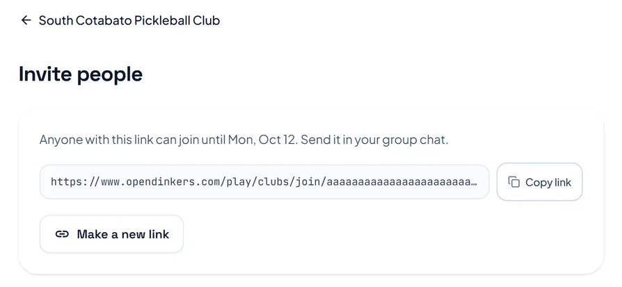 The Invite people page, with the invite link, the date it stops working, a Copy link button and a button to make a new link. The Invite people page, with the invite link, the date it stops working, a Copy link button and a button to make a new link.