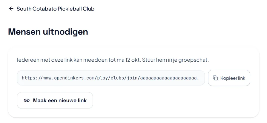 De pagina Mensen uitnodigen, met de uitnodigingslink, de datum waarop hij stopt, een knop Kopieer link en een knop voor een nieuwe link.