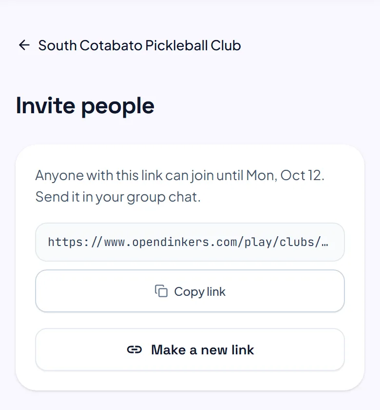 The Invite people page, with the invite link, the date it stops working, a Copy link button and a button to make a new link. The Invite people page, with the invite link, the date it stops working, a Copy link button and a button to make a new link.