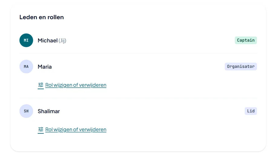 De lijst Leden en rollen in de instellingen van een club, met de rol van elk lid en een link om die te wijzigen of het lid te verwijderen. De lijst Leden en rollen in de instellingen van een club, met de rol van elk lid en een link om die te wijzigen of het lid te verwijderen.