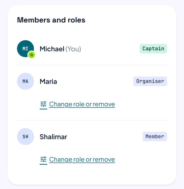 The Members and roles list in a club's settings, with each member's role and a link to change it or remove them.