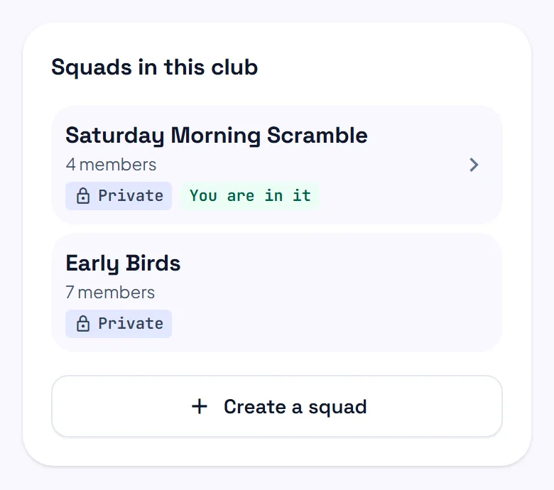 The Squads in this club box on a club page, with two private squads and a Create a squad button.
