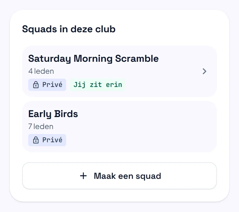 Het vak Squads in deze club op een clubpagina, met twee besloten squads en een knop Maak een squad.