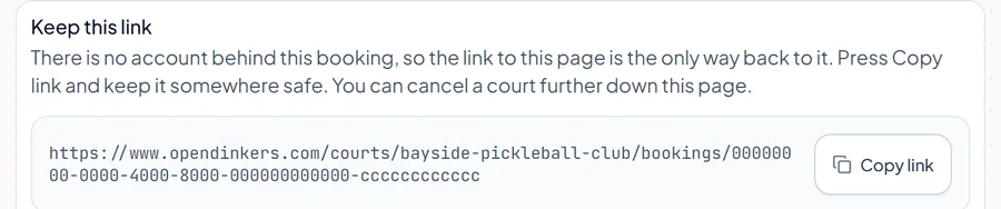 The Keep this link box on a guest's booking page, which says the link to the page is the only way back to the booking.