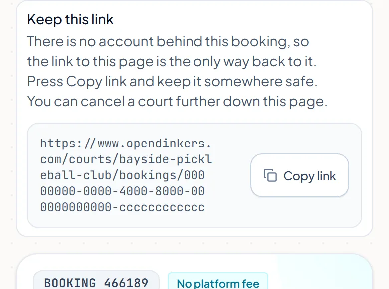The Keep this link box on a guest's booking page, which says the link to the page is the only way back to the booking. The Keep this link box on a guest's booking page, which says the link to the page is the only way back to the booking.