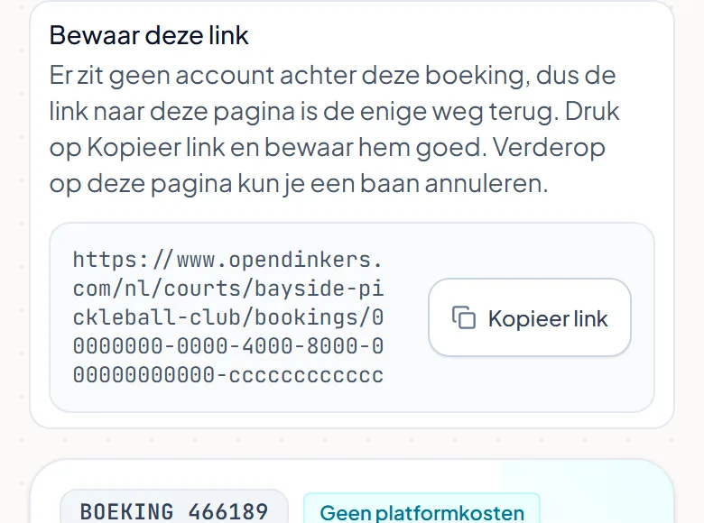 Het vak Bewaar deze link op de boekingspagina van een gast, dat zegt dat de link naar de pagina de enige weg terug is.