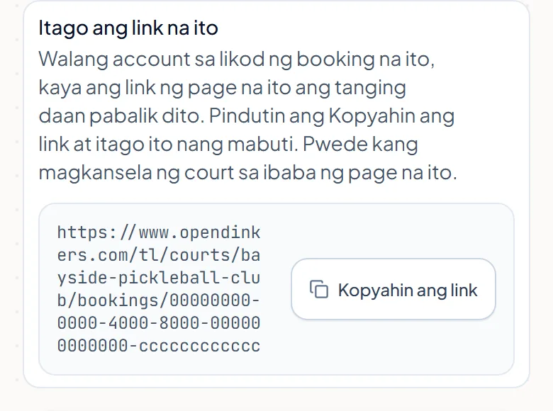 Ang kahon na Itago ang link na ito sa booking page ng guest, na nagsasabing ang link ng page ang tanging daan pabalik sa booking.