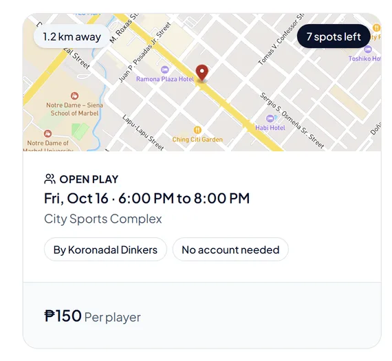 An open play card with the time, the place, the spots left and a label that says No account needed. An open play card with the time, the place, the spots left and a label that says No account needed.