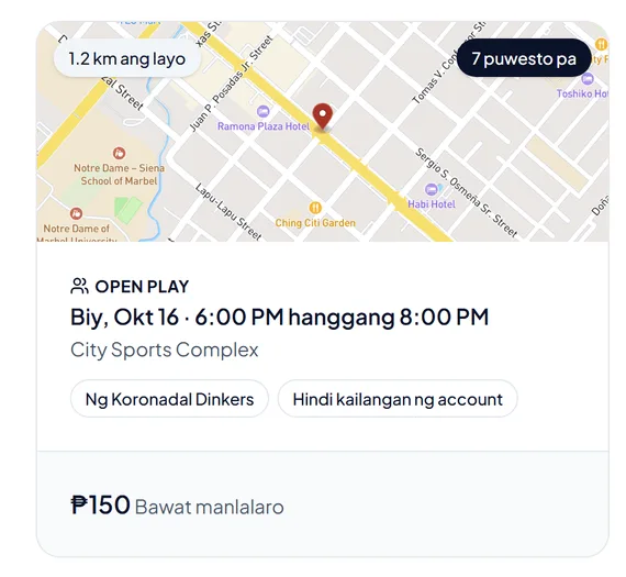 Card ng open play na may oras, lugar, bakanteng puwesto at label na Hindi kailangan ng account.