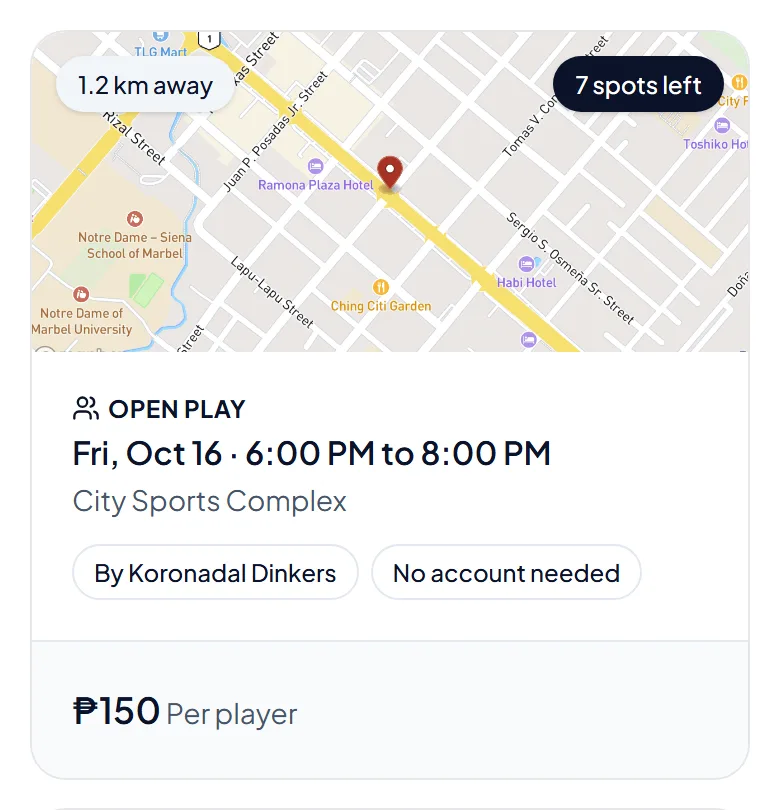 An open play card with the time, the place, the spots left and a label that says No account needed. An open play card with the time, the place, the spots left and a label that says No account needed.