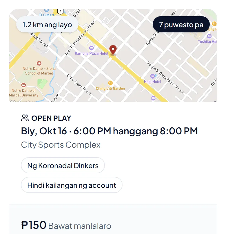 Card ng open play na may oras, lugar, bakanteng puwesto at label na Hindi kailangan ng account.