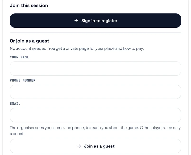 The open play page signed out: Sign in to register, and under it Or join as a guest with boxes for a name, a phone number and an email. The open play page signed out: Sign in to register, and under it Or join as a guest with boxes for a name, a phone number and an email.