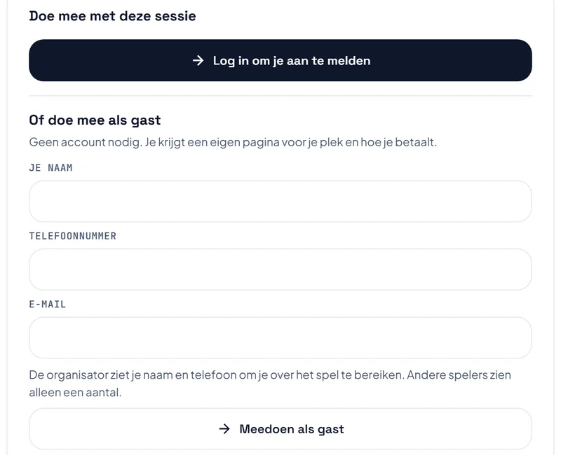 De pagina voor open spel zonder in te loggen: Inloggen om je aan te melden, en daaronder Of doe mee als gast met vakken voor naam, telefoonnummer en e-mail.