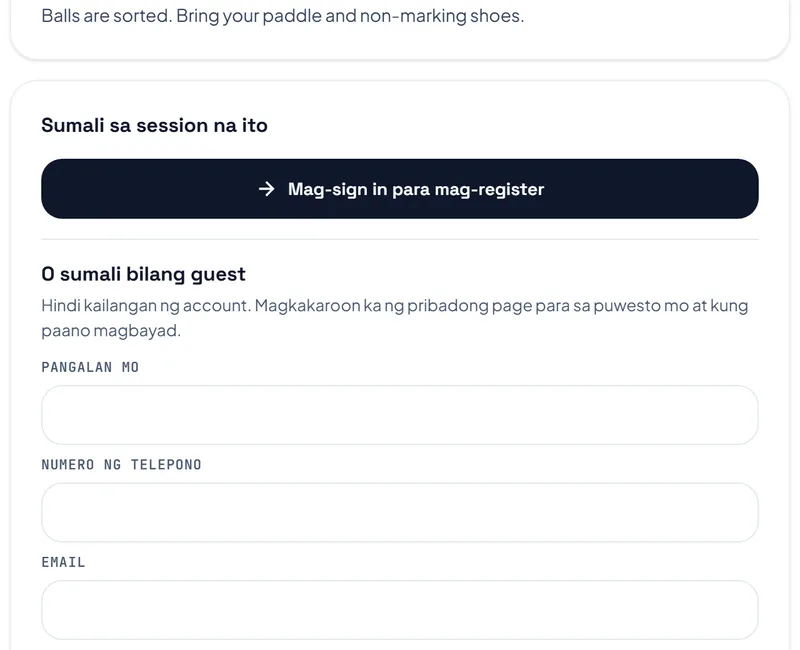 Ang page ng open play nang hindi naka-sign in: ang button para mag-sign in, at sa ilalim nito ang O sumali bilang guest na may kahon para sa pangalan, numero ng telepono at email. Ang page ng open play nang hindi naka-sign in: ang button para mag-sign in, at sa ilalim nito ang O sumali bilang guest na may kahon para sa pangalan, numero ng telepono at email.
