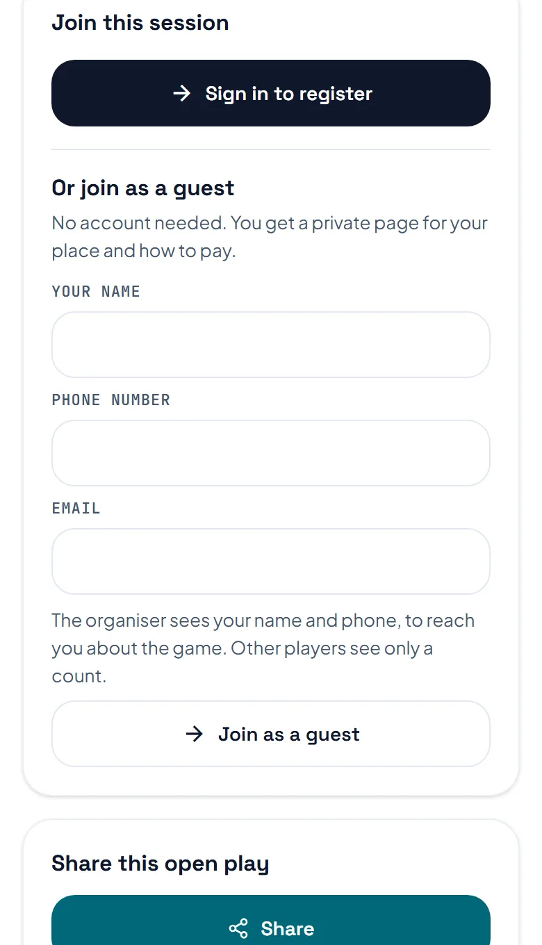 The open play page signed out: Sign in to register, and under it Or join as a guest with boxes for a name, a phone number and an email.