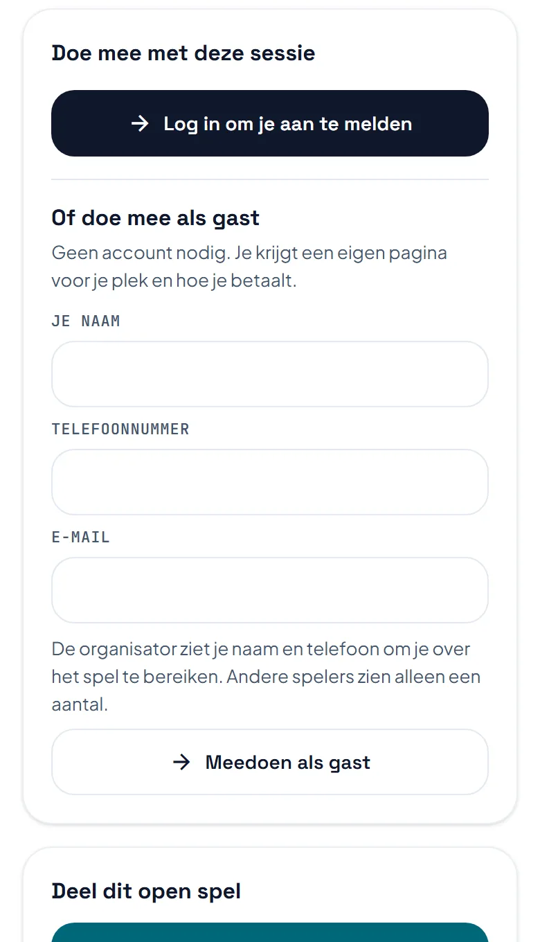 De pagina voor open spel zonder in te loggen: Inloggen om je aan te melden, en daaronder Of doe mee als gast met vakken voor naam, telefoonnummer en e-mail. De pagina voor open spel zonder in te loggen: Inloggen om je aan te melden, en daaronder Of doe mee als gast met vakken voor naam, telefoonnummer en e-mail.