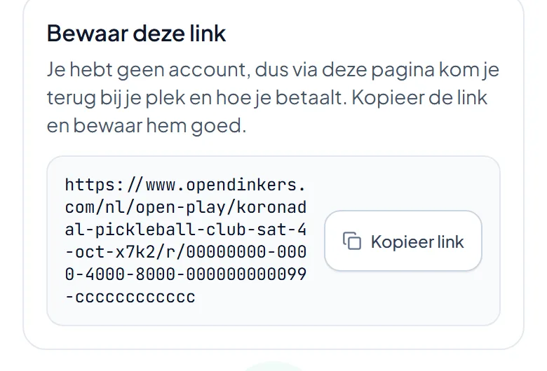 Het vak Bewaar deze link bovenaan de eigen pagina van een gast voor open spel.