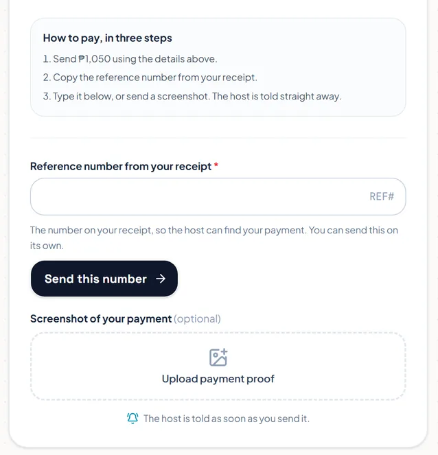 The three payment steps, the reference number box and the button to upload a screenshot. The three payment steps, the reference number box and the button to upload a screenshot.