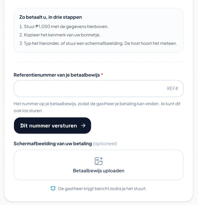 De drie betaalstappen, het vak voor het referentienummer en de knop om een screenshot te uploaden.