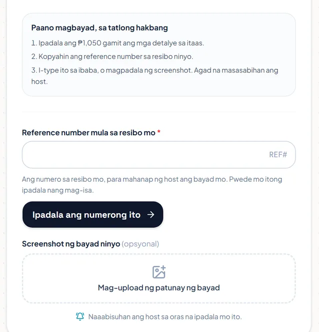 Ang tatlong hakbang sa pagbabayad, ang kahon para sa reference number at ang button para mag-upload ng screenshot. Ang tatlong hakbang sa pagbabayad, ang kahon para sa reference number at ang button para mag-upload ng screenshot.