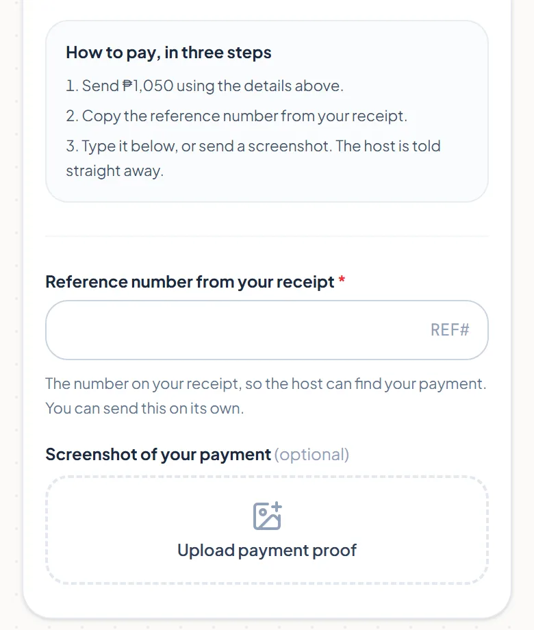 The three payment steps, the reference number box and the button to upload a screenshot. The three payment steps, the reference number box and the button to upload a screenshot.
