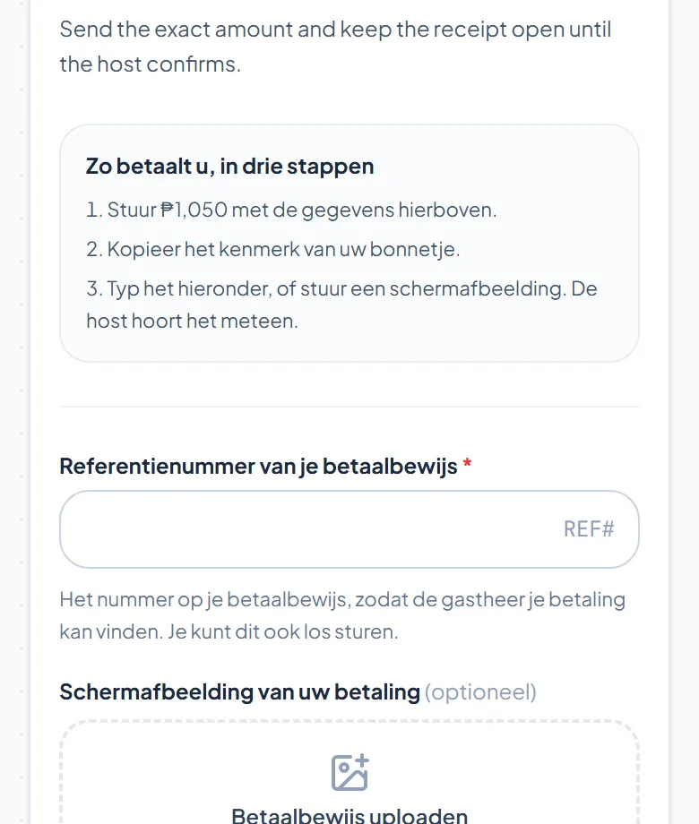 De drie betaalstappen, het vak voor het referentienummer en de knop om een screenshot te uploaden.