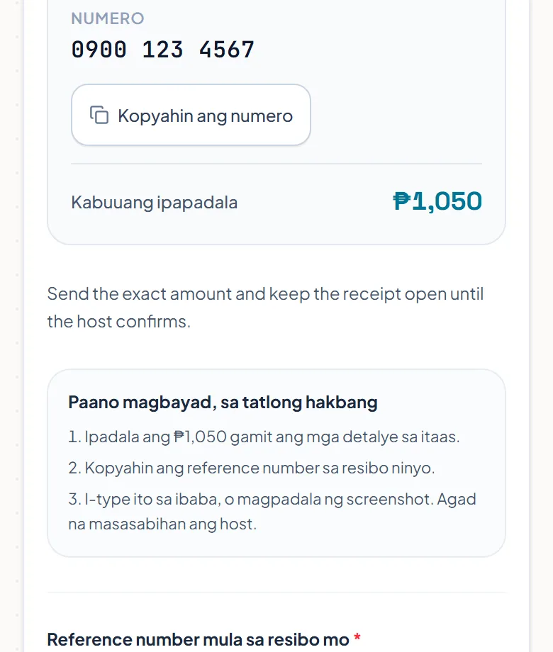 Ang tatlong hakbang sa pagbabayad, ang kahon para sa reference number at ang button para mag-upload ng screenshot. Ang tatlong hakbang sa pagbabayad, ang kahon para sa reference number at ang button para mag-upload ng screenshot.