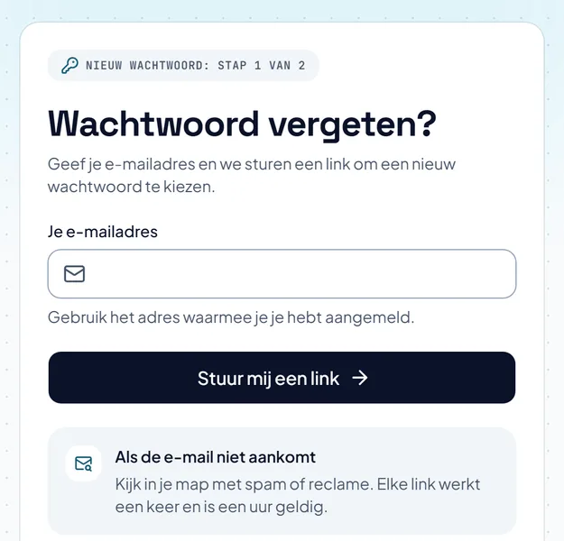 De pagina voor een vergeten wachtwoord, met een vak voor je e-mailadres en een knop die je een link stuurt.