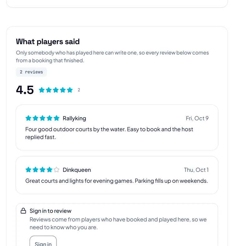 The What players said section of a court page, with star ratings and reviews, and a Sign in to review box under them.