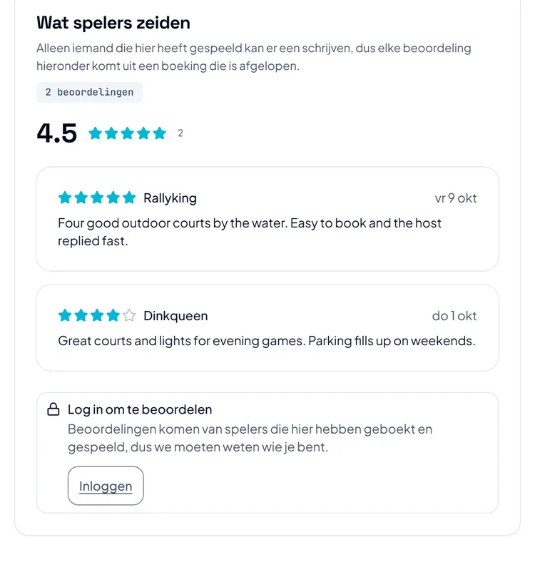 Het deel Wat spelers zeiden op de pagina van een baan, met sterren en beoordelingen, en daaronder een vak om in te loggen en te beoordelen. Het deel Wat spelers zeiden op de pagina van een baan, met sterren en beoordelingen, en daaronder een vak om in te loggen en te beoordelen.