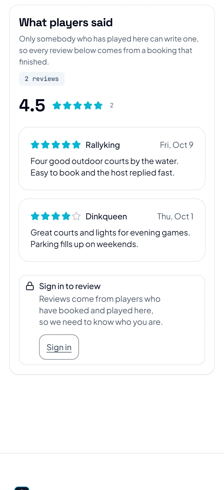 The What players said section of a court page, with star ratings and reviews, and a Sign in to review box under them.