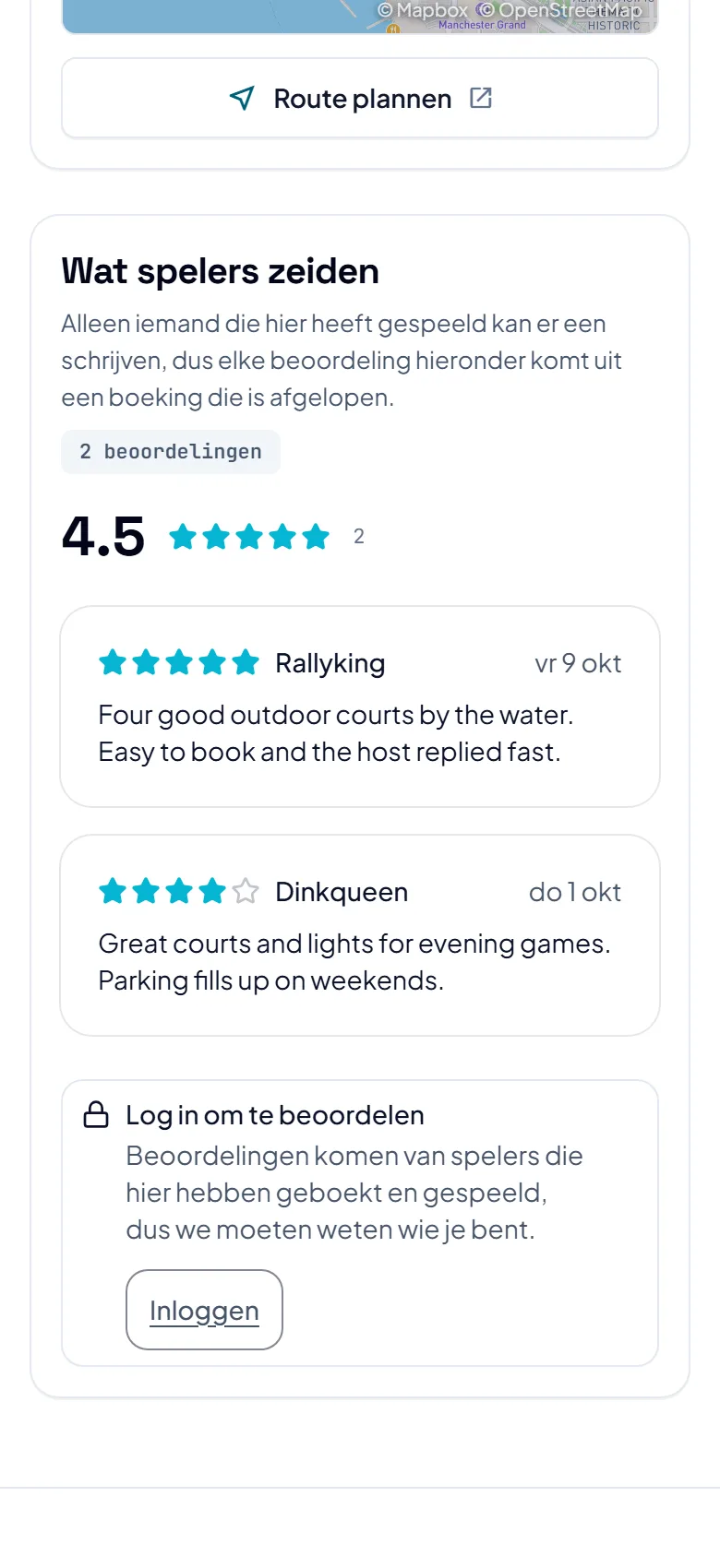 Het deel Wat spelers zeiden op de pagina van een baan, met sterren en beoordelingen, en daaronder een vak om in te loggen en te beoordelen. Het deel Wat spelers zeiden op de pagina van een baan, met sterren en beoordelingen, en daaronder een vak om in te loggen en te beoordelen.
