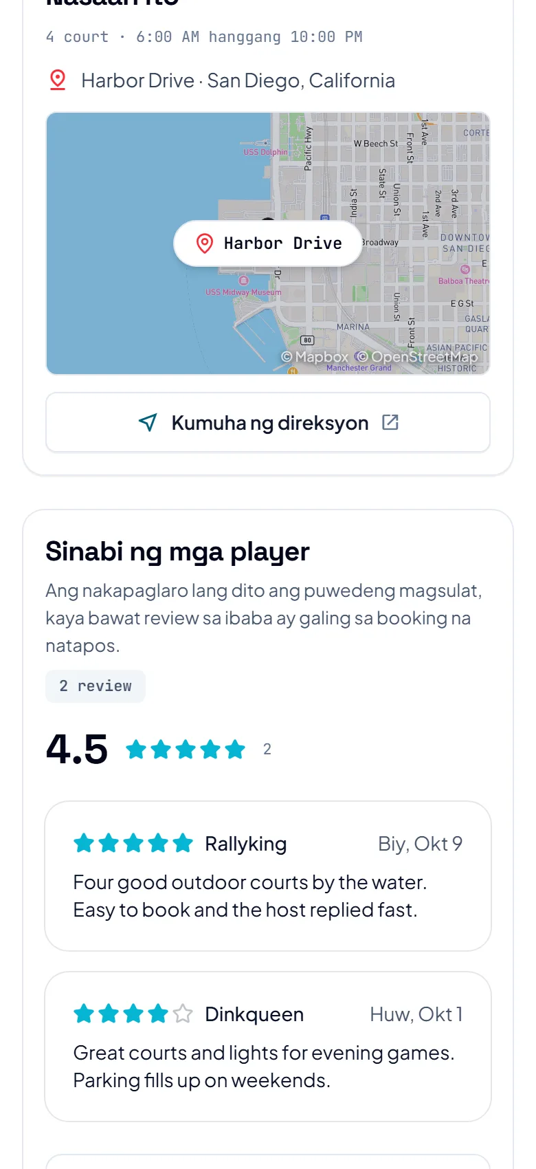 Ang bahaging Sinabi ng mga player sa page ng court, may mga star at review, at sa ilalim nito ang kahon para mag-sign in at mag-review.