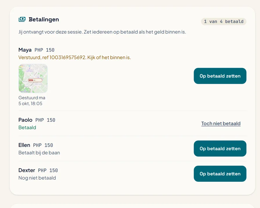 De lijst Betalingen bij een sessie, met het bedrag van elke speler, of ze een referentie of screenshot stuurden, en een knop Op betaald zetten. De lijst Betalingen bij een sessie, met het bedrag van elke speler, of ze een referentie of screenshot stuurden, en een knop Op betaald zetten.