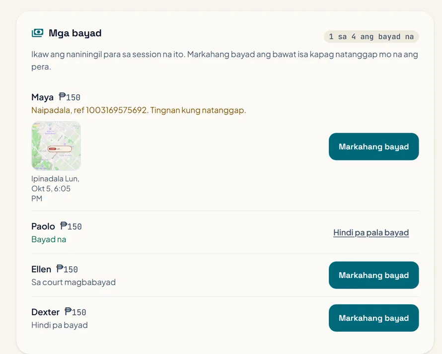 Ang listahan ng Mga bayad sa session, may halaga ng bawat manlalaro, kung nagpadala sila ng reference o screenshot, at button na Markahang bayad.