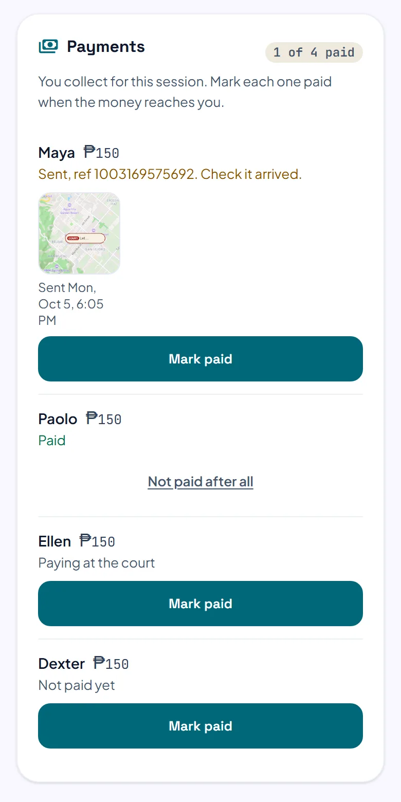 The Payments list on a session, with each player's amount, whether they sent a reference or a screenshot, and a Mark paid button.