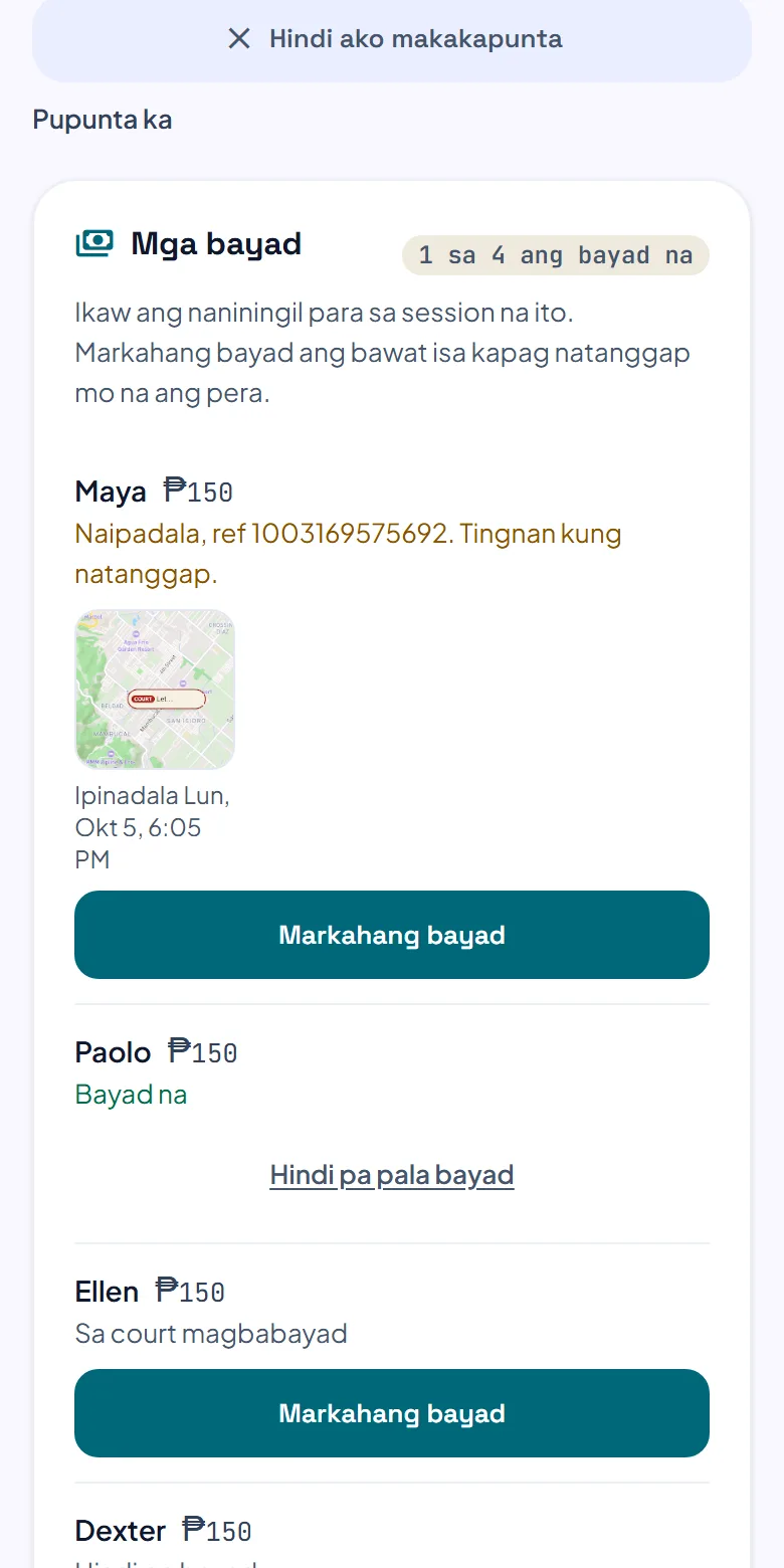 Ang listahan ng Mga bayad sa session, may halaga ng bawat manlalaro, kung nagpadala sila ng reference o screenshot, at button na Markahang bayad. Ang listahan ng Mga bayad sa session, may halaga ng bawat manlalaro, kung nagpadala sila ng reference o screenshot, at button na Markahang bayad.