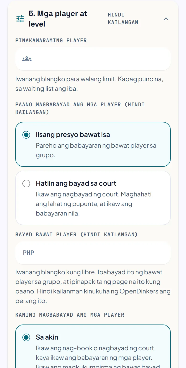 Ang bahagi ng form tungkol sa bayad: iisang presyo bawat isa o hatiin ang bayad sa court, kanino magbabayad, at pagbabayad sa court.