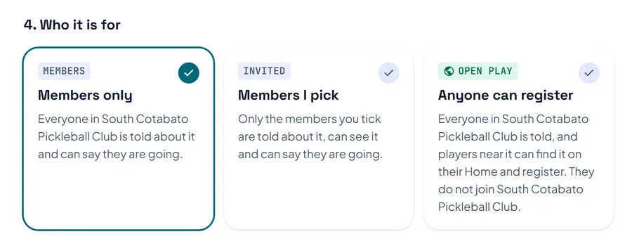 The part of the Add a session form where you choose who it is for: Members only, Members I pick or Anyone can register.
