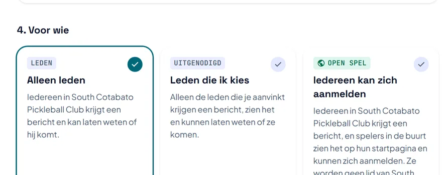 Het deel van het formulier Sessie toevoegen waar je kiest voor wie de sessie is: Alleen leden, Leden die ik kies of Iedereen kan zich aanmelden.