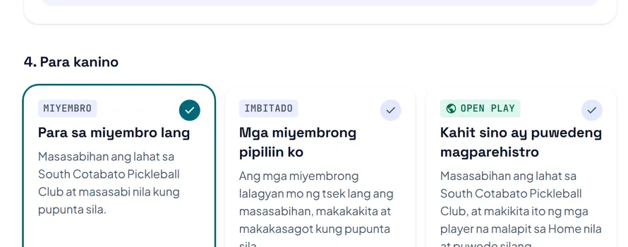 Ang bahagi ng form sa pagdagdag ng session kung saan pinipili kung para kanino: Para sa miyembro lang, Mga miyembrong pipiliin ko o Kahit sino ay puwedeng magparehistro. Ang bahagi ng form sa pagdagdag ng session kung saan pinipili kung para kanino: Para sa miyembro lang, Mga miyembrong pipiliin ko o Kahit sino ay puwedeng magparehistro.
