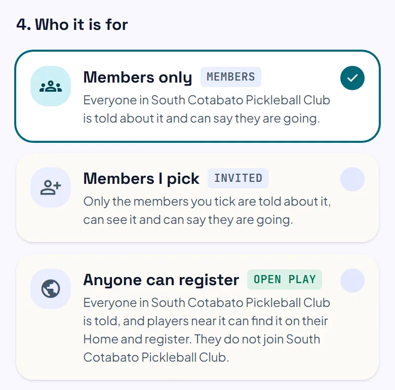 The part of the Add a session form where you choose who it is for: Members only, Members I pick or Anyone can register.