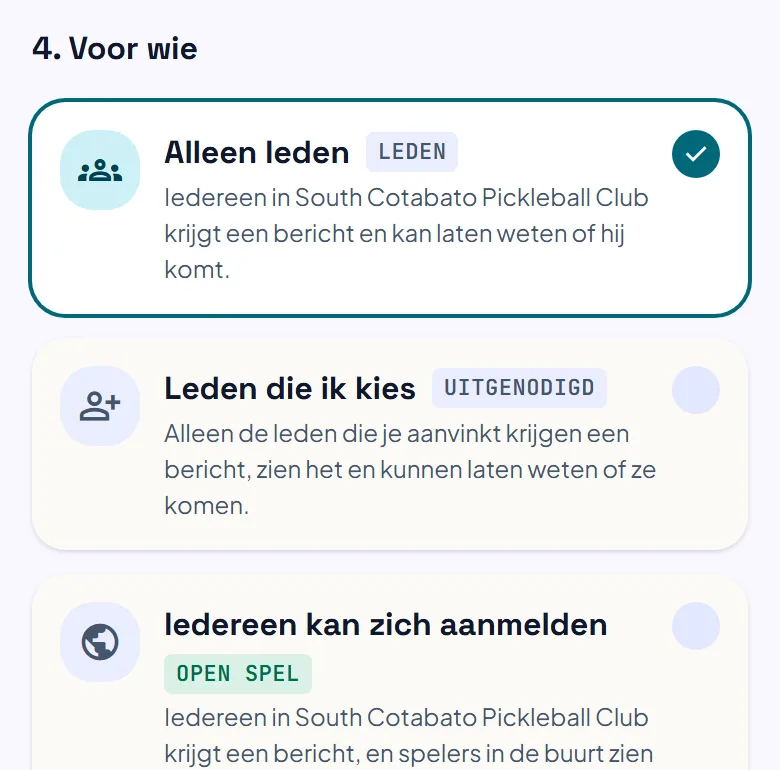 Het deel van het formulier Sessie toevoegen waar je kiest voor wie de sessie is: Alleen leden, Leden die ik kies of Iedereen kan zich aanmelden.