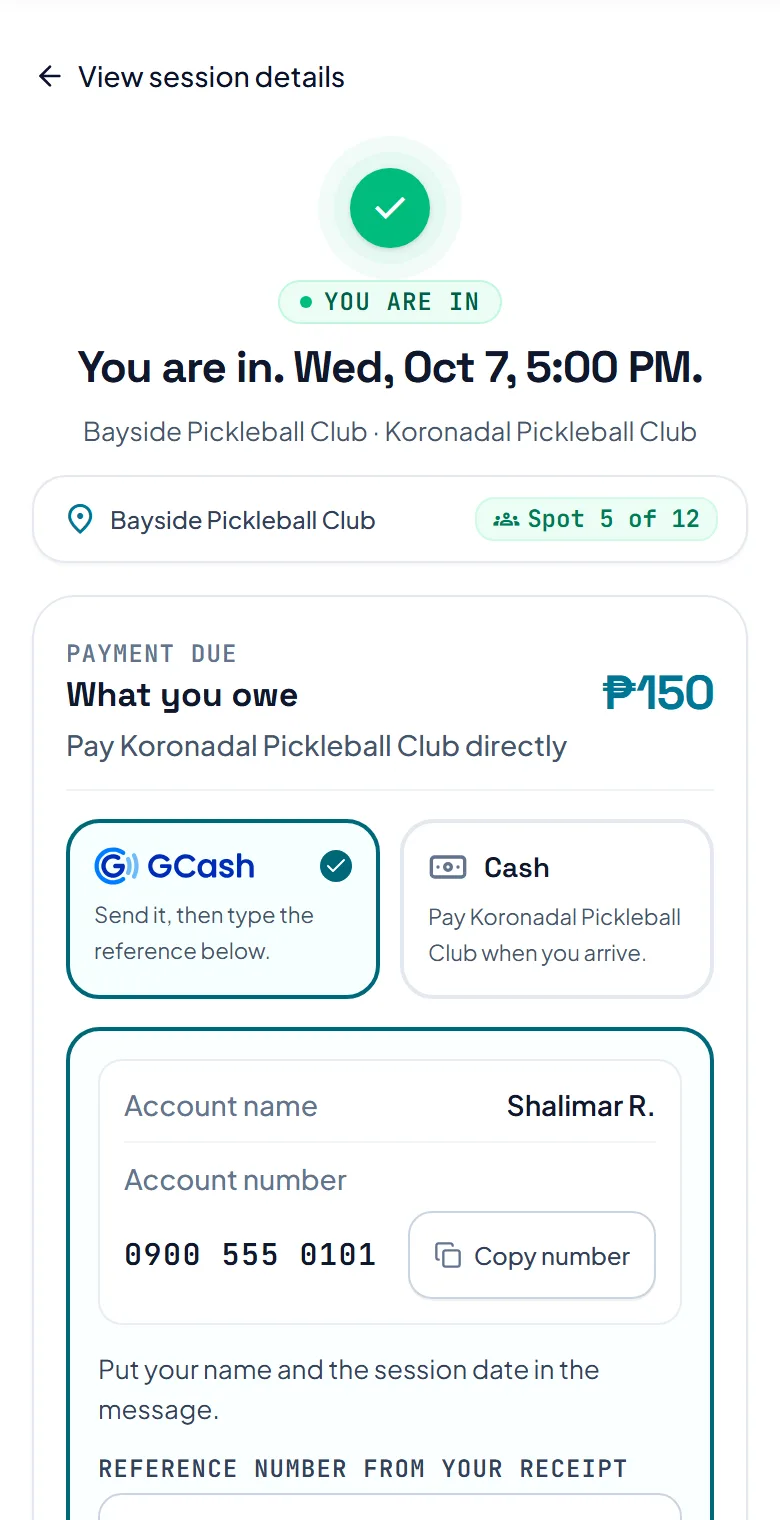 The payment page for a session, with what is owed, two ways to pay and the account to send to.