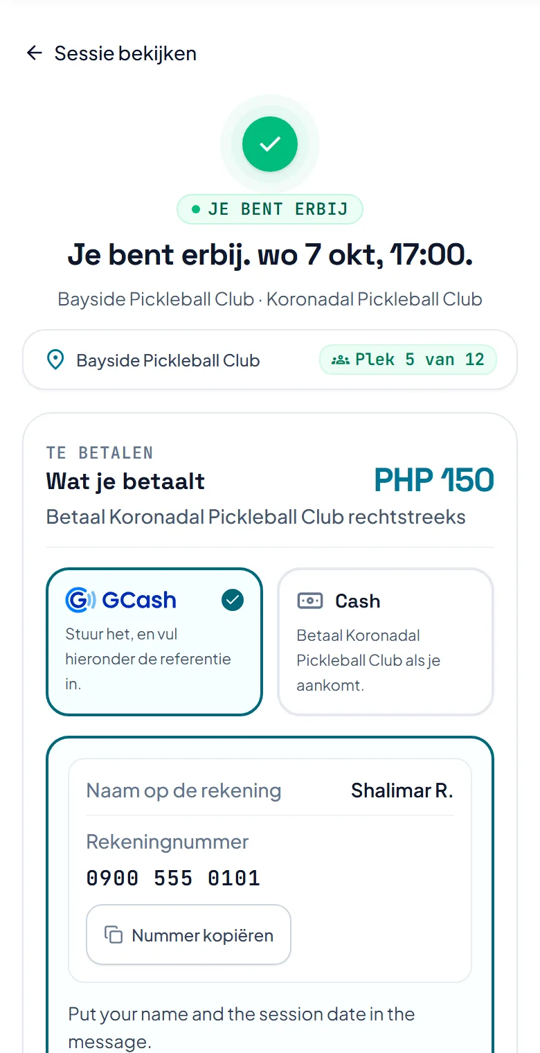 De betaalpagina van een sessie, met wat je moet betalen, twee manieren om te betalen en de rekening om naar te sturen.