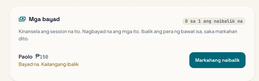 Ang listahan ng Mga bayad sa kinanselang session, may manlalarong kailangang ibalik ang pera at button na Markahang naibalik.