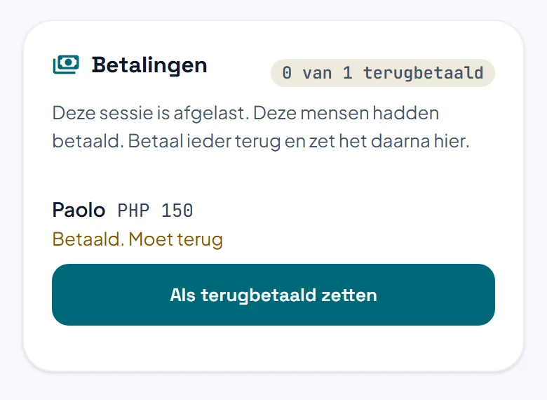 De lijst Betalingen bij een geannuleerde sessie, met een speler die geld terug moet krijgen en een knop Als terugbetaald zetten.