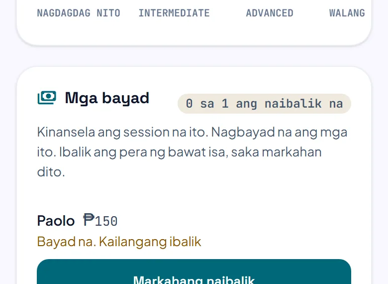 Ang listahan ng Mga bayad sa kinanselang session, may manlalarong kailangang ibalik ang pera at button na Markahang naibalik.