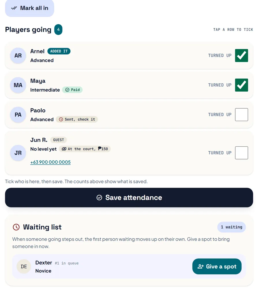 The session roster: players going with a tick box each, two already ticked, a guest with a phone number, Save attendance, and the waiting list with Give a spot. The session roster: players going with a tick box each, two already ticked, a guest with a phone number, Save attendance, and the waiting list with Give a spot.